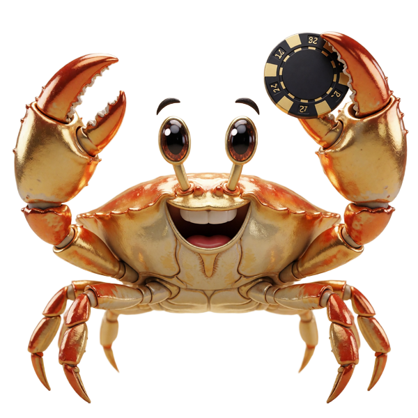 Goldenes Krabben-Maskottchen des Cash Crab mit erhobenen Scheren und Casino-Chip
