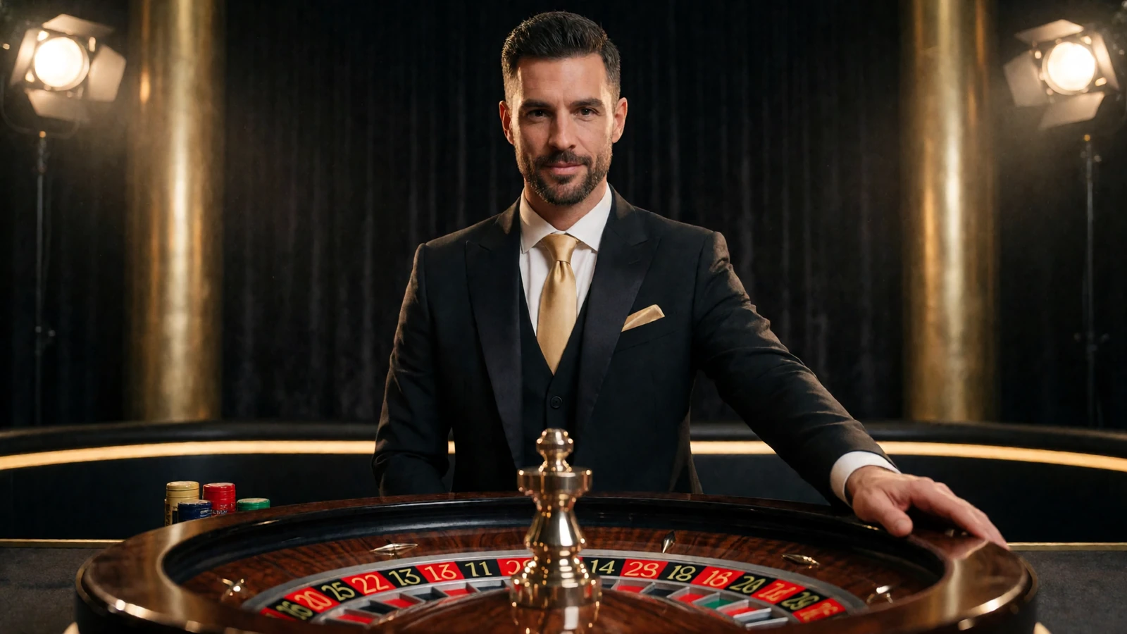 Professioneller Dealer im schwarzen Anzug mit Goldkrawatte am Roulettekessel im Millioner Live Casino