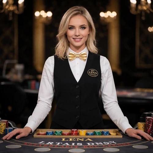Dealerin Lena mit goldener Fliege am Blackjack-Tisch im Millioner Live Casino