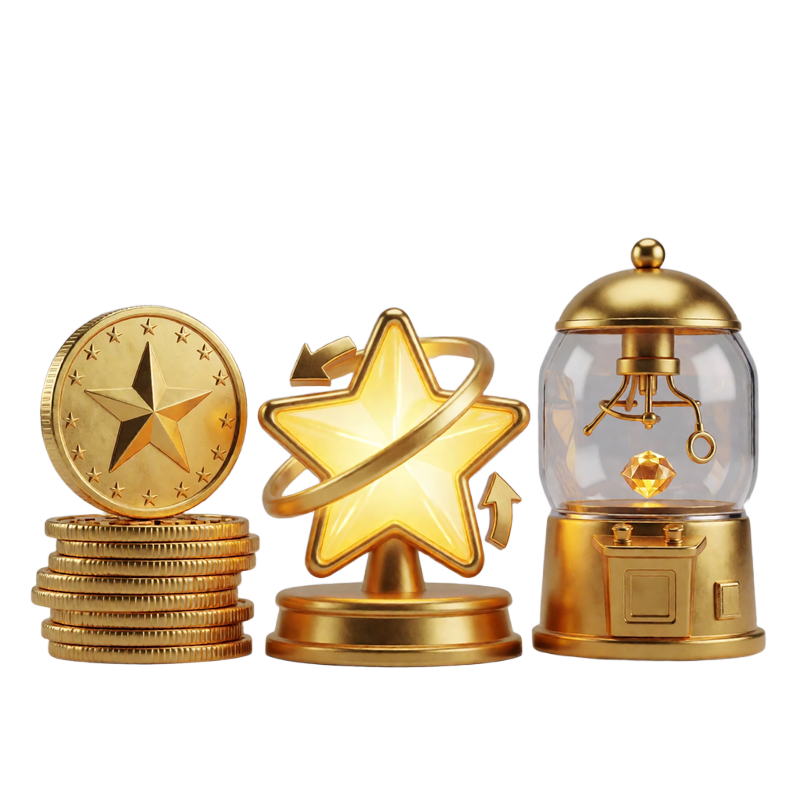 Drei goldene Bonus-Symbole: M&uuml;nzstapel f&uuml;r den Match-Bonus, Stern f&uuml;r Freispiele und Gewinnkapsel der Bonus Crab