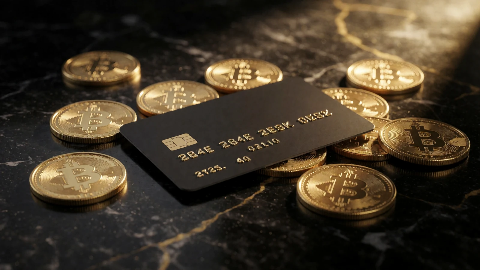 Goldm&uuml;nzen und schwarze Premium-Kreditkarten auf polierter Obsidian-Oberfl&auml;che - Zahlungsmethoden im Millioner Casino
