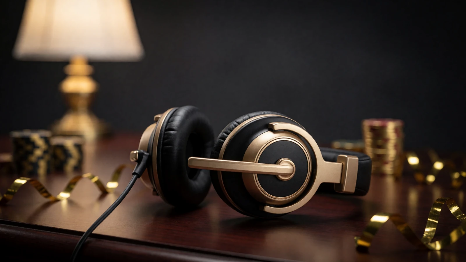 Elegantes goldbesetztes Support-Headset auf dunklem Schreibtisch im warmen Lampenlicht - Millioner Casino Hilfe