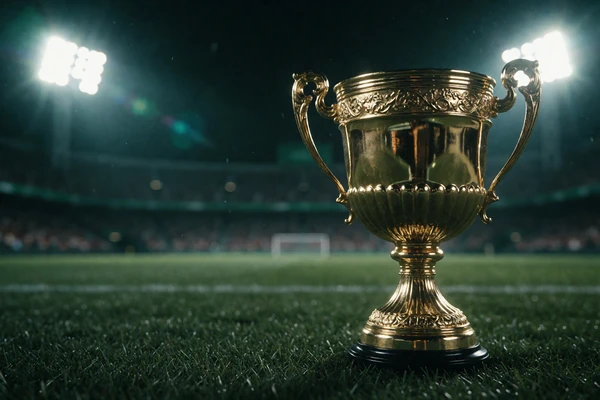 Goldener Pokal auf n&auml;chtlichem Stadionrasen unter Flutlicht - Sportwetten-Willkommensbonus