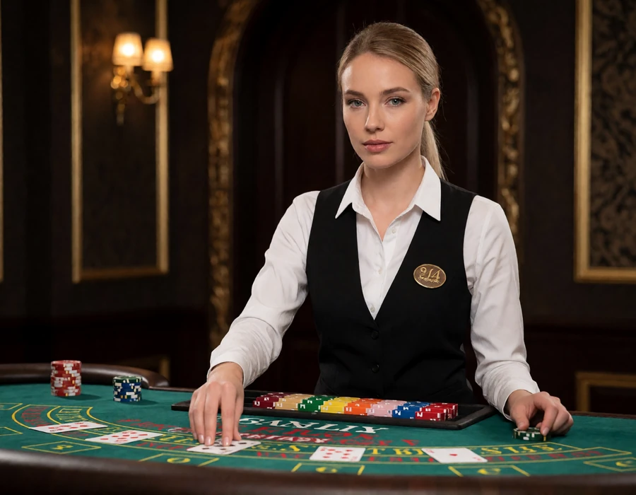 Professionelle Dealerin verteilt Karten am Baccarat-Tisch im Millioner Live-Casino