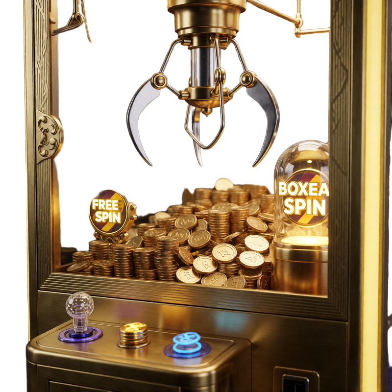 Goldene Bonus Crab Greifmaschine mit Glaskuppel und sichtbaren Gewinnen wie M&uuml;nzen und Freispiel-Marken