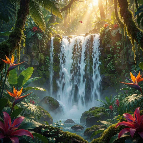 Slot Jungle Falls mit tropischem Wasserfall in goldenem Sonnenlicht