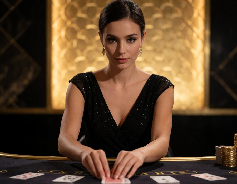 Elegante Dealerin im schwarzen Abendkleid teilt Baccarat-Karten am goldverzierten Tisch aus