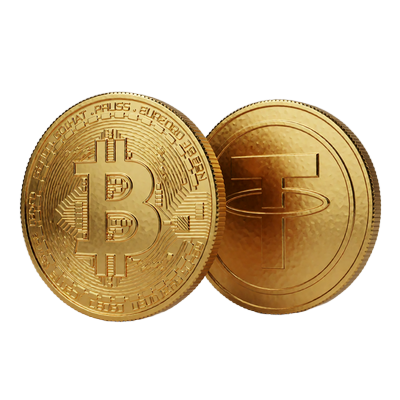 Goldene Bitcoin- und USDT-M&uuml;nzen als Symbol f&uuml;r den Krypto-Willkommensbonus