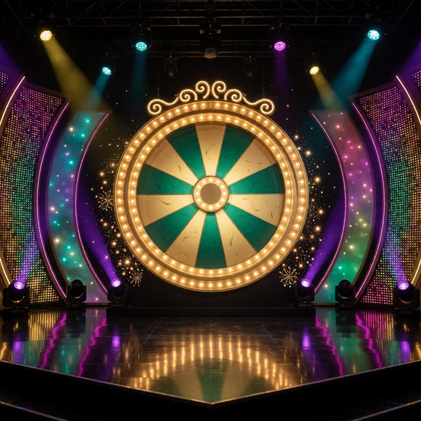 Game-Show-Studio mit riesigem beleuchtetem Gl&uuml;cksrad in Gold und Smaragd im Millioner Live Casino