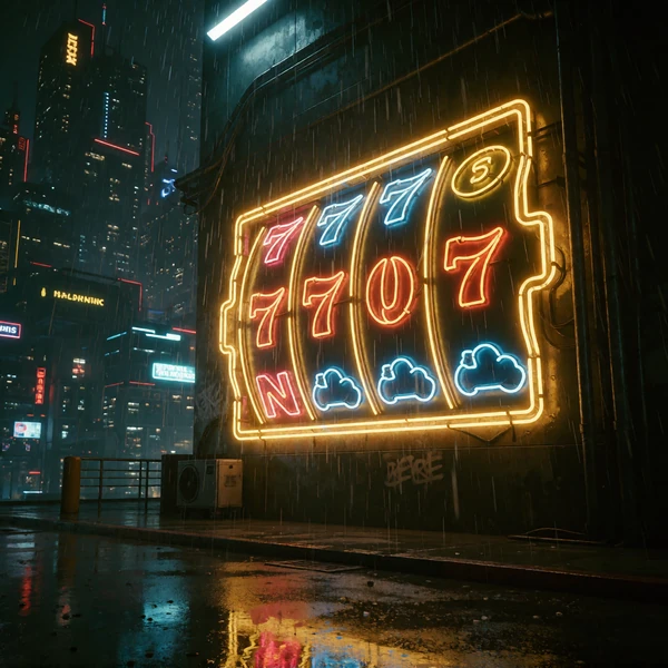 Slot Cyber Nights mit neonbeleuchteter Cyberpunk-Skyline und goldenen Leuchtreklamen