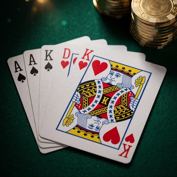 Blackjack-Karten f&auml;cherf&ouml;rmig auf gr&uuml;nem Filz mit goldenen Casino-Chips beim Live Blackjack