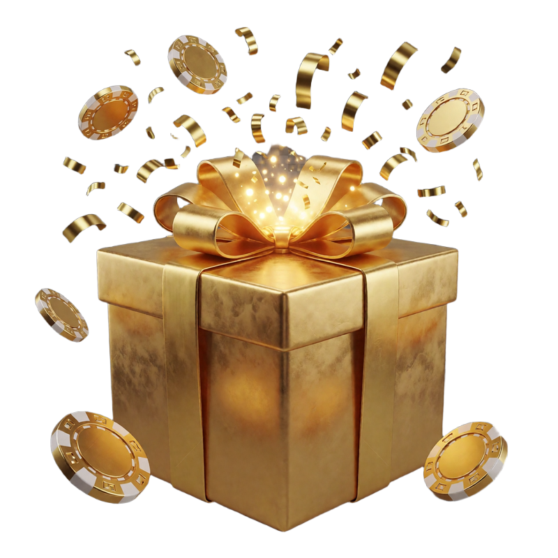 Goldene Geschenkbox mit Konfetti und Casino-Chips als Symbol f&uuml;r den Millioner Willkommensbonus