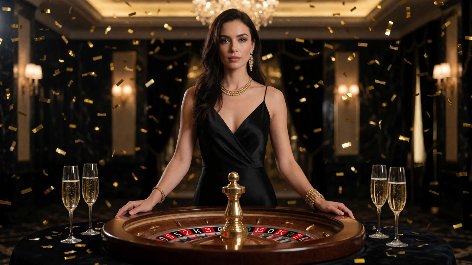 Elegante Frau im schwarzen Abendkleid neben goldenem Roulettekessel im Millioner Casino