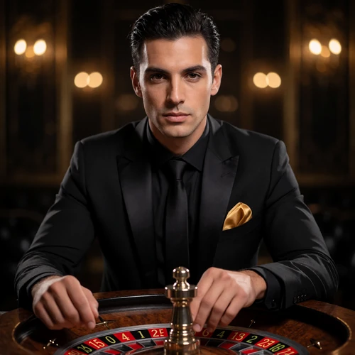 Dealer Marco mit goldenem Einstecktuch am Roulettekessel im Millioner Live Casino