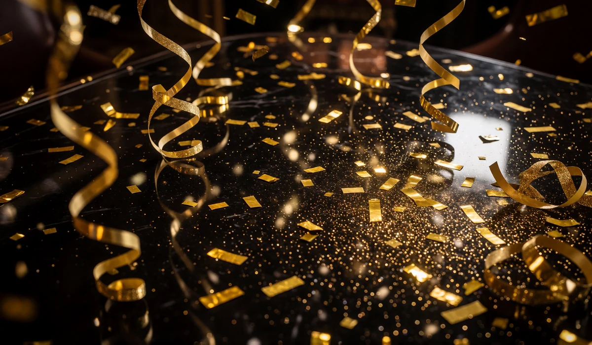 Goldenes Konfetti f&auml;llt auf eine dunkle polierte Casino-Tischplatte mit warmen Lichtreflexen
