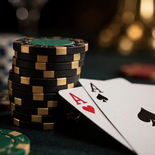 Gestapelte Pokerchips in Schwarz, Gold und Smaragd mit zwei Assen am Live-Pokertisch