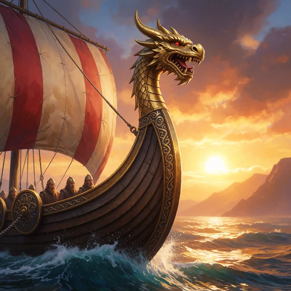 Slot Viking Voyage mit goldenem Drachenschiff bei Sonnenuntergang auf hoher See